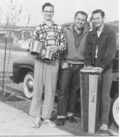 my brother Richard holding one of my first sets of bongos, George Garvey (the boss 
								for our newspaper routes and a good friend), and myself with my first conga